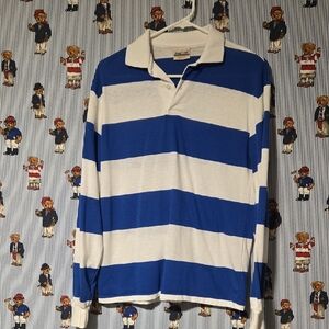 Vintage 80s 90s PrintOns Made In USA Blue White Polo Rugby Longsleeve Thin Shirt